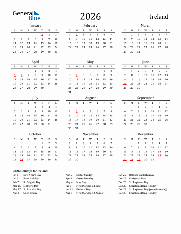 2026 Ireland Calendar With Holidays