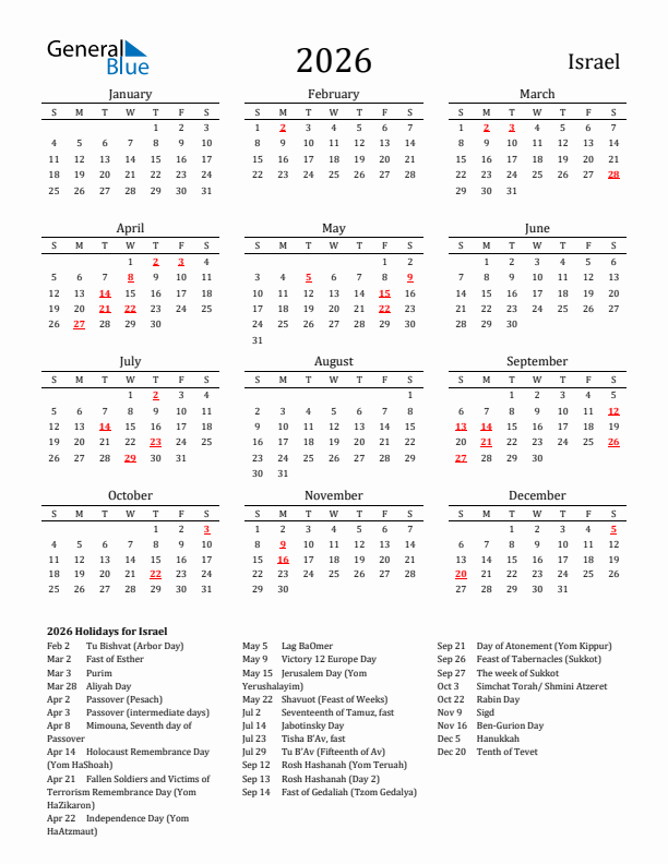 Israel Holidays Calendar for 2026