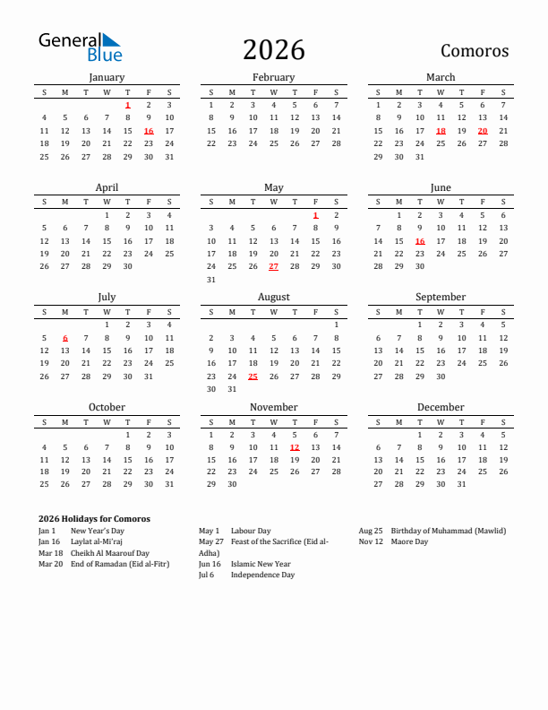 Comoros Holidays Calendar for 2026