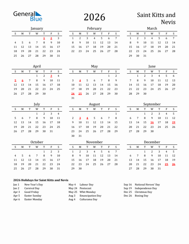 Saint Kitts and Nevis Holidays Calendar for 2026