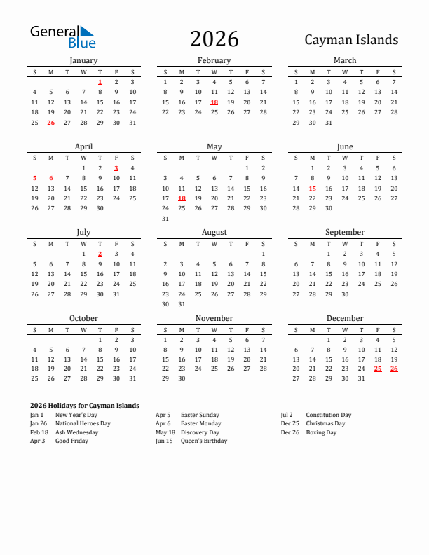 Cayman Islands Holidays Calendar for 2026
