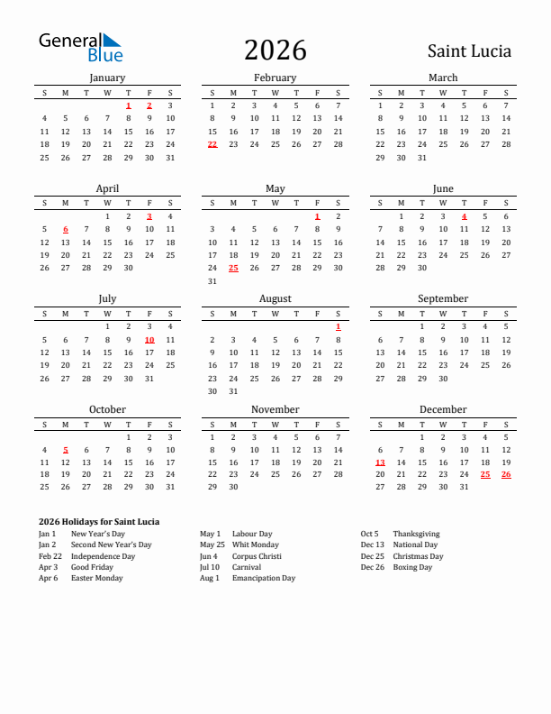 Saint Lucia Holidays Calendar for 2026
