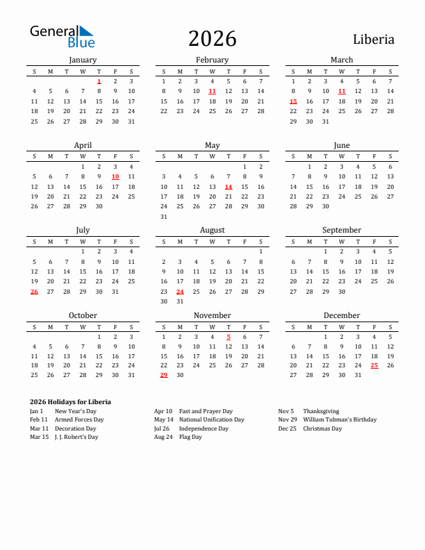 Liberia Holidays Calendar for 2026