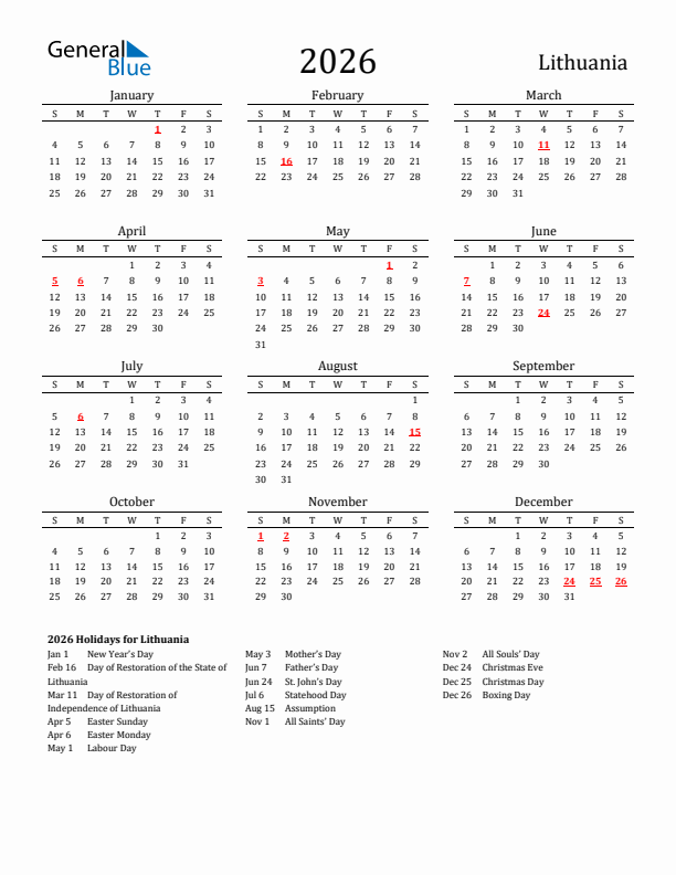 Lithuania Holidays Calendar for 2026