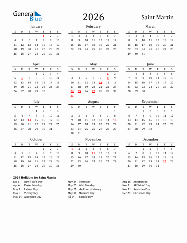 Saint Martin Holidays Calendar for 2026