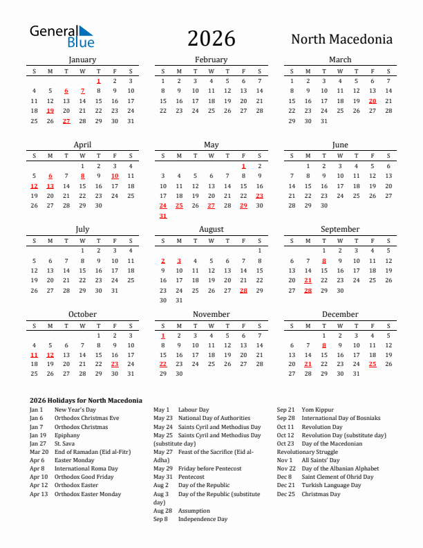 North Macedonia Holidays Calendar for 2026