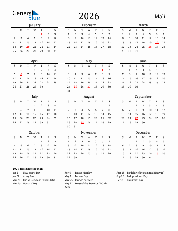 Mali Holidays Calendar for 2026