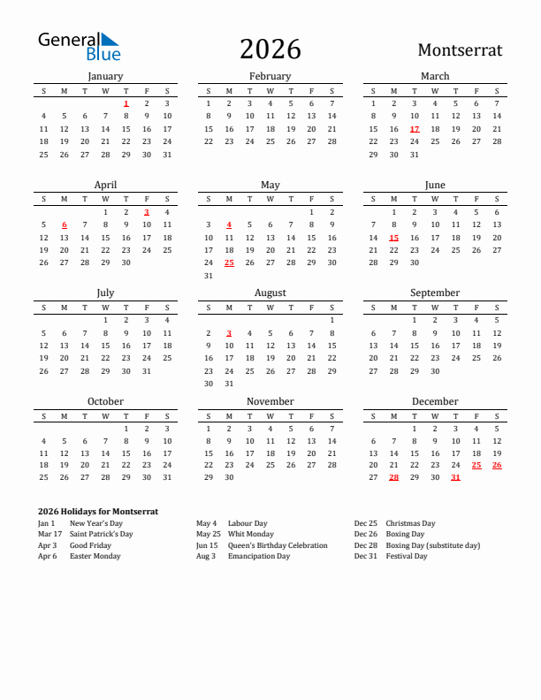 Montserrat Holidays Calendar for 2026