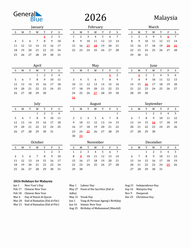 Malaysia Holidays Calendar for 2026