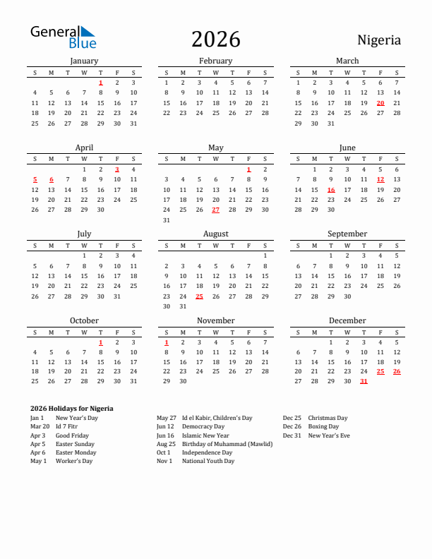 Nigeria Holidays Calendar for 2026