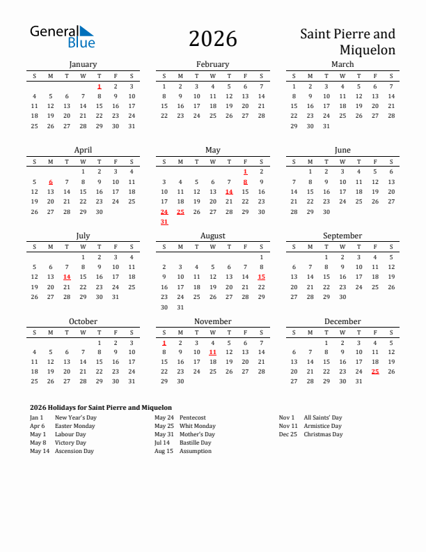 Saint Pierre and Miquelon Holidays Calendar for 2026