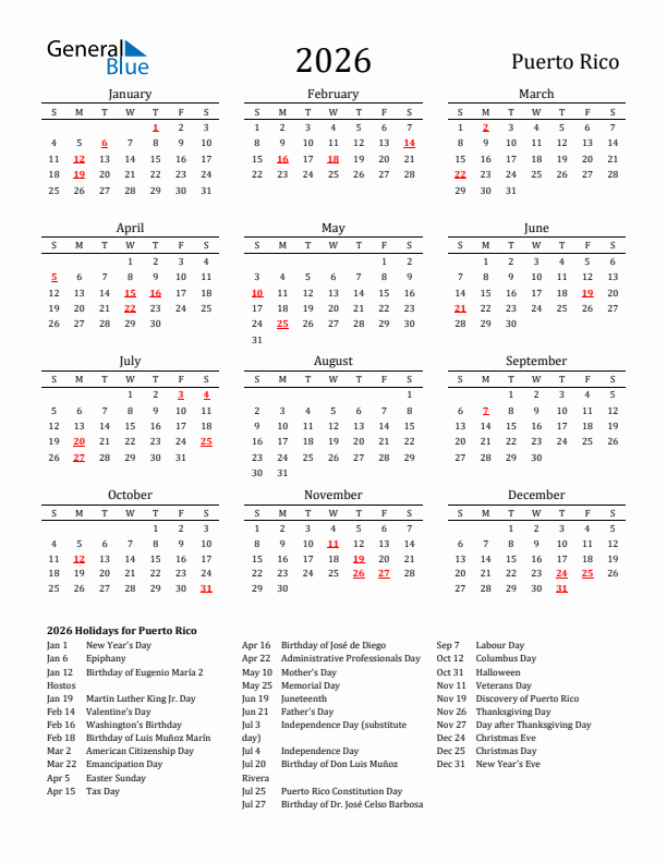 Puerto Rico Holidays Calendar for 2026