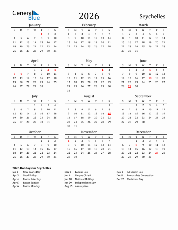Seychelles Holidays Calendar for 2026