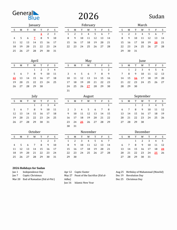 Sudan Holidays Calendar for 2026