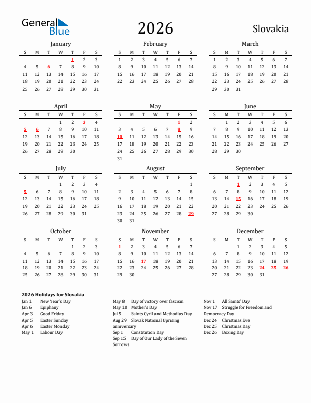 Slovakia Holidays Calendar for 2026