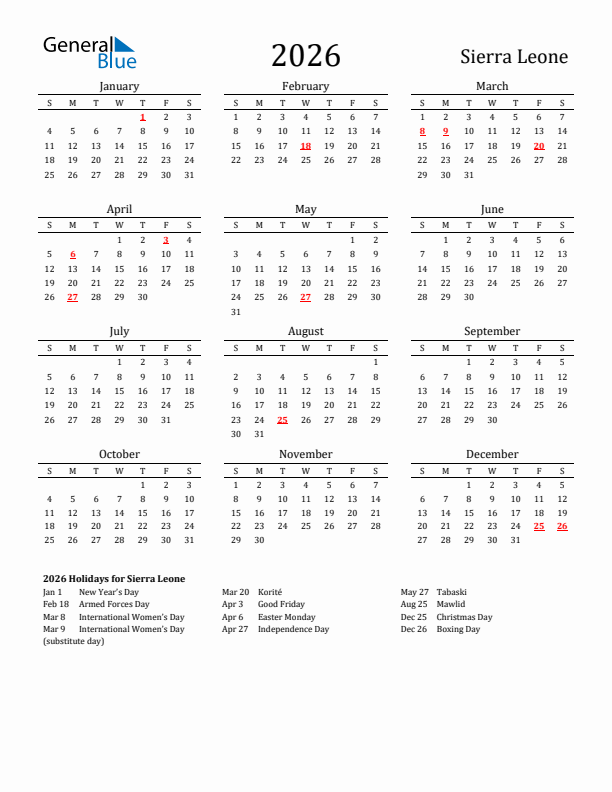 Sierra Leone Holidays Calendar for 2026