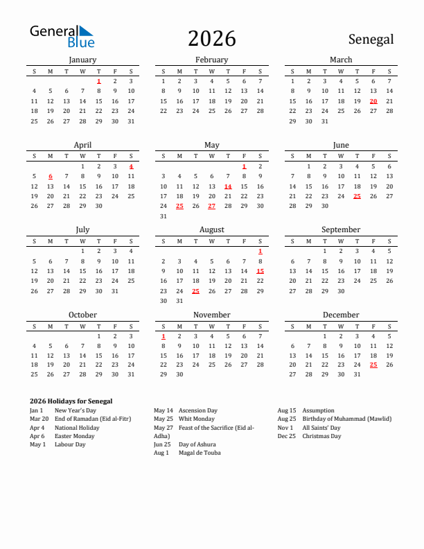 Senegal Holidays Calendar for 2026