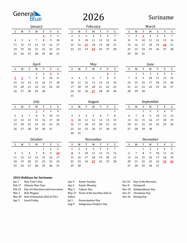 Suriname Holidays Calendar for 2026