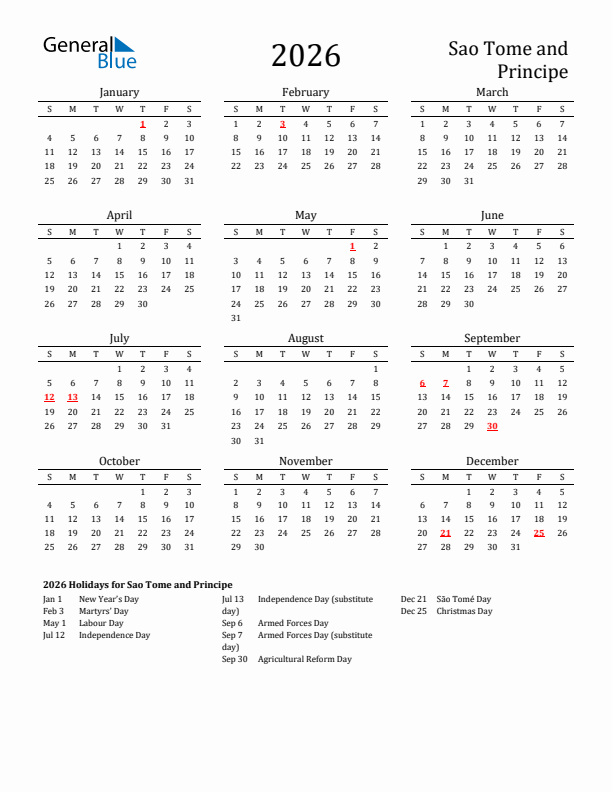 Sao Tome and Principe Holidays Calendar for 2026