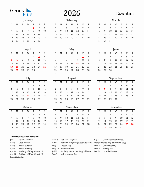 Eswatini Holidays Calendar for 2026