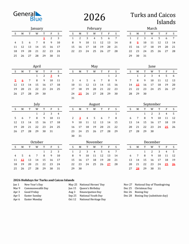 Turks and Caicos Islands Holidays Calendar for 2026
