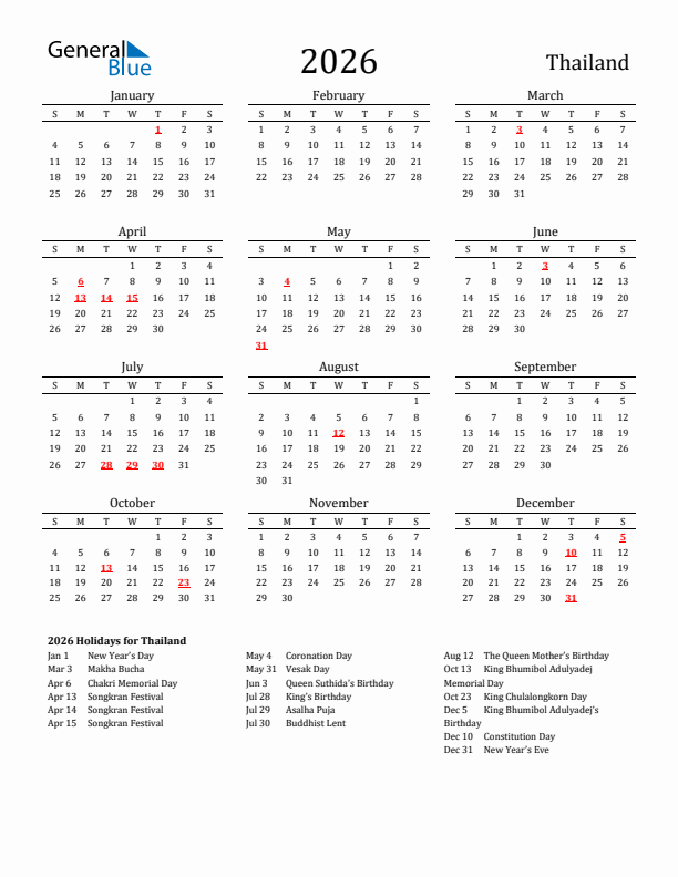 Thailand Holidays Calendar for 2026