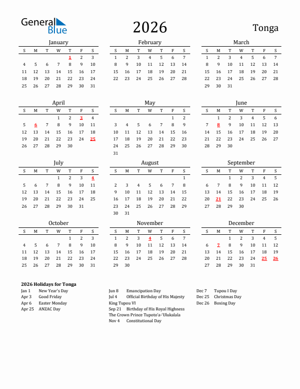 Tonga Holidays Calendar for 2026