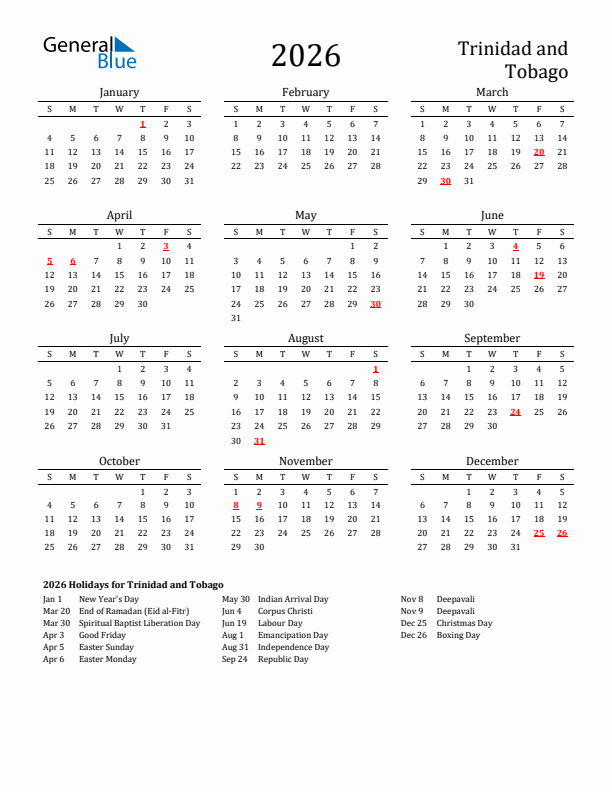 Trinidad and Tobago Holidays Calendar for 2026