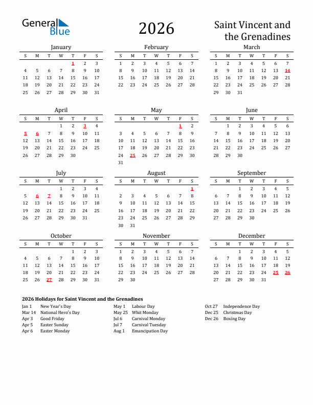 Saint Vincent and the Grenadines Holidays Calendar for 2026
