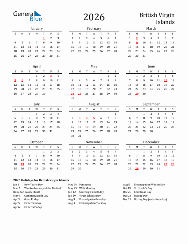 British Virgin Islands Holidays Calendar for 2026