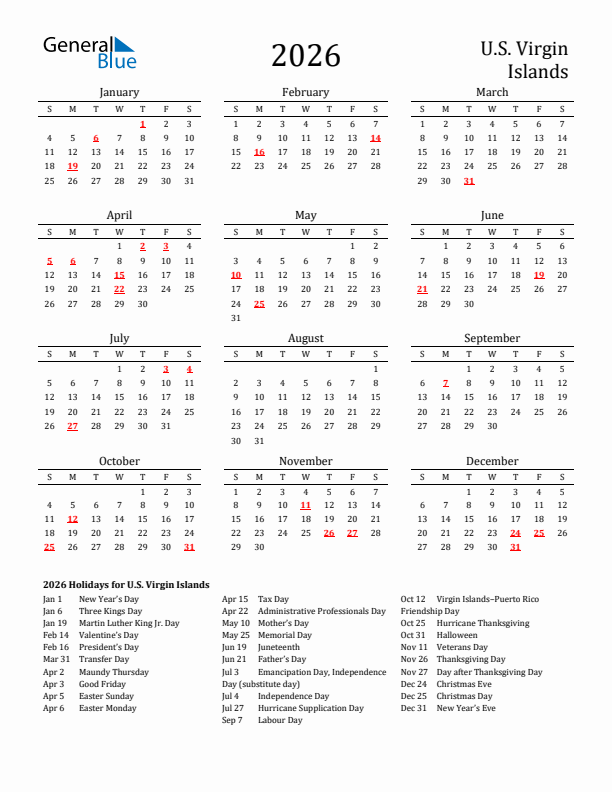 U.S. Virgin Islands Holidays Calendar for 2026