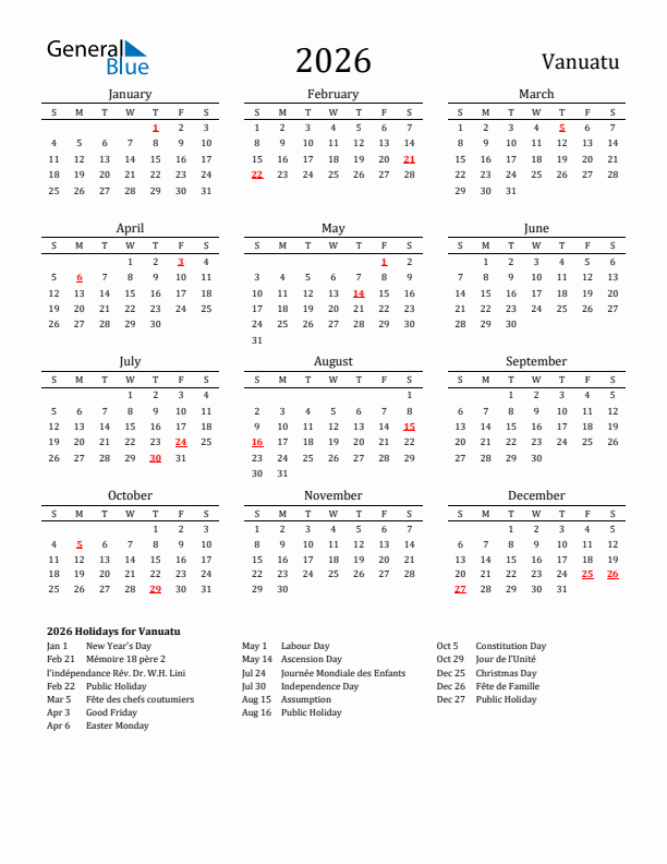 Vanuatu Holidays Calendar for 2026