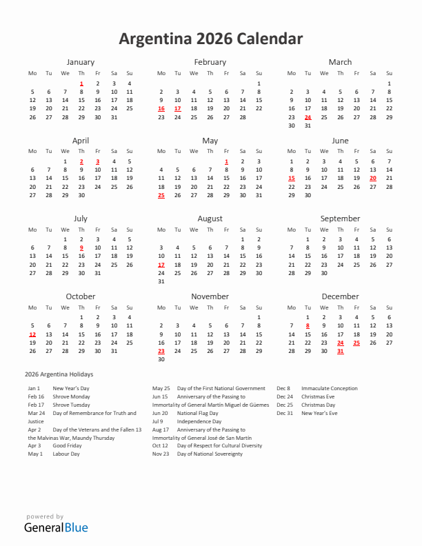 2026 Yearly Calendar Printable With Argentina Holidays