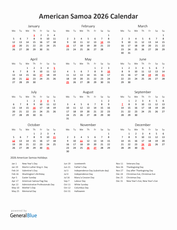 2026 Yearly Calendar Printable With American Samoa Holidays
