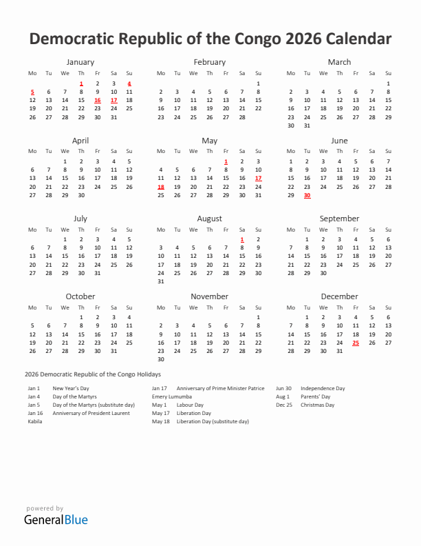 2026 Yearly Calendar Printable With Democratic Republic of the Congo Holidays