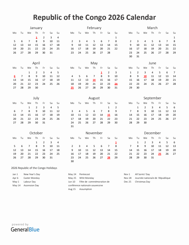 2026 Yearly Calendar Printable With Republic of the Congo Holidays