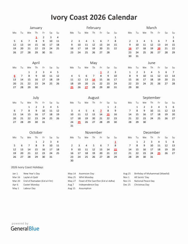 2026 Yearly Calendar Printable With Ivory Coast Holidays