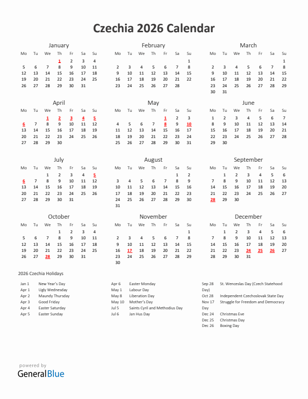 2026 Yearly Calendar Printable With Czechia Holidays