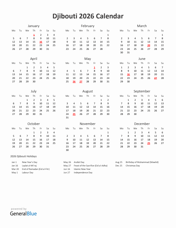 2026 Yearly Calendar Printable With Djibouti Holidays