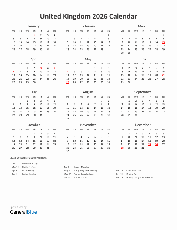 2026 United Kingdom Calendar With Holidays Monday Start 