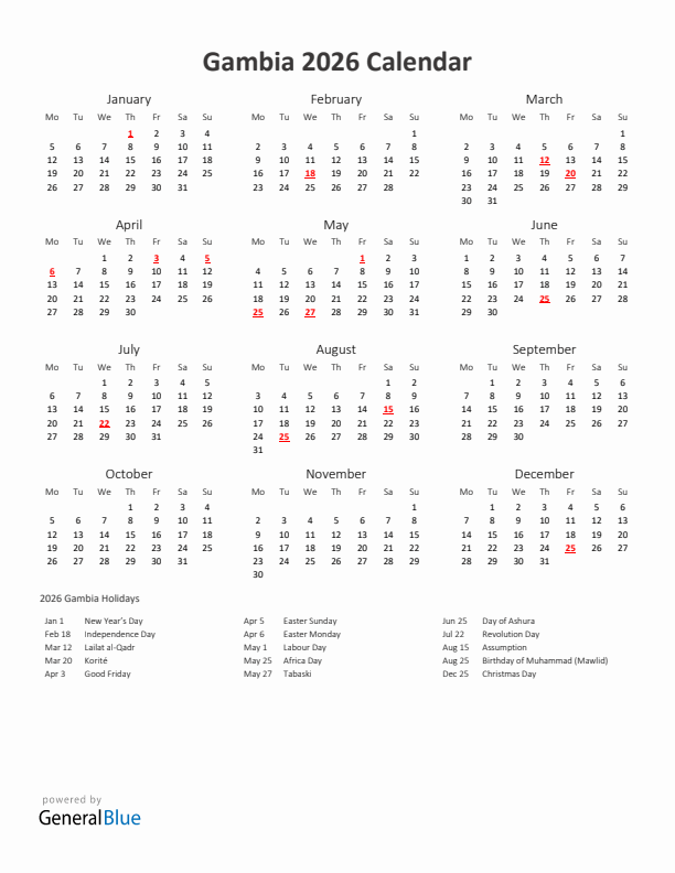 2026 Yearly Calendar Printable With Gambia Holidays