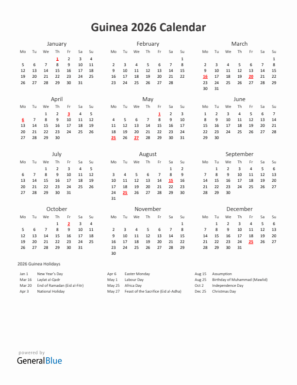 2026 Yearly Calendar Printable With Guinea Holidays