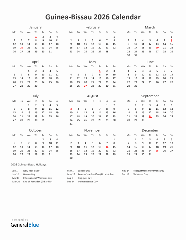 2026 Yearly Calendar Printable With Guinea-Bissau Holidays