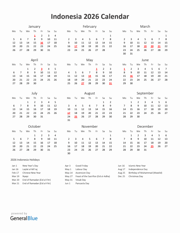 2026 Yearly Calendar Printable With Indonesia Holidays