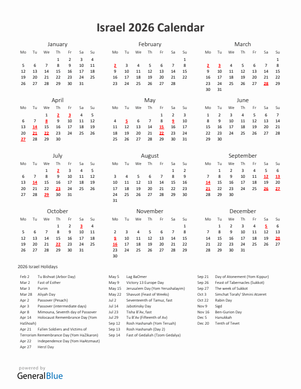 2026 Yearly Calendar Printable With Israel Holidays
