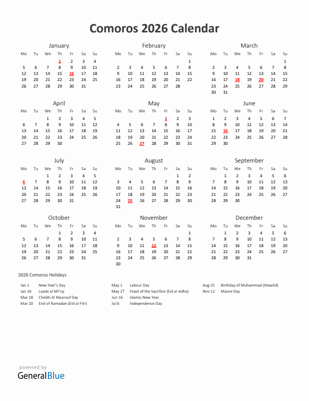 2026 Yearly Calendar Printable With Comoros Holidays