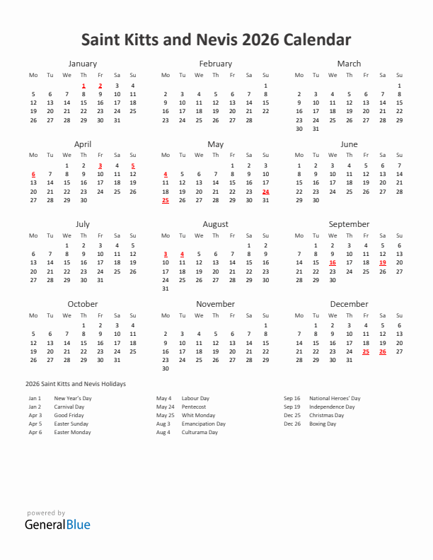 2026 Yearly Calendar Printable With Saint Kitts and Nevis Holidays