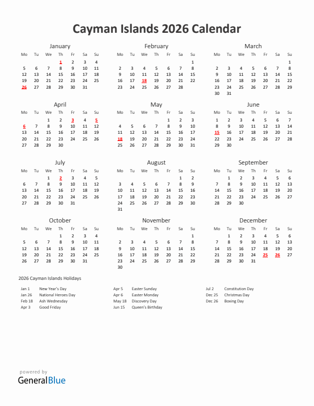 2026 Yearly Calendar Printable With Cayman Islands Holidays