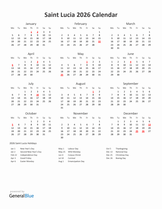 2026 Yearly Calendar Printable With Saint Lucia Holidays
