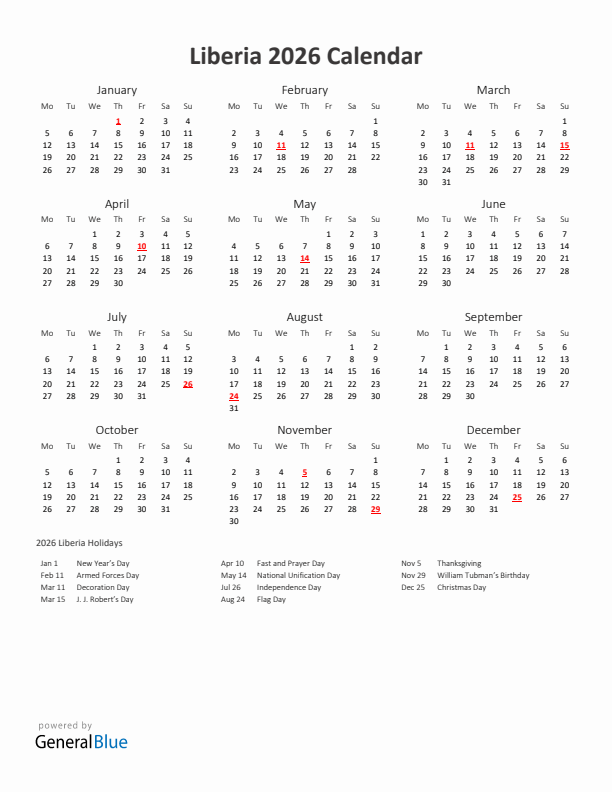 2026 Yearly Calendar Printable With Liberia Holidays